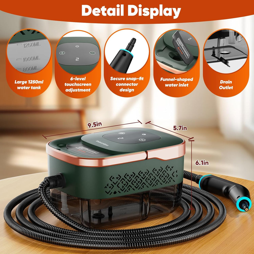 Skiennix Steam Cleaner - 2500W Handheld Grout Cleaner with 1.32QT Tank & 10 Attachments | Green/Gold