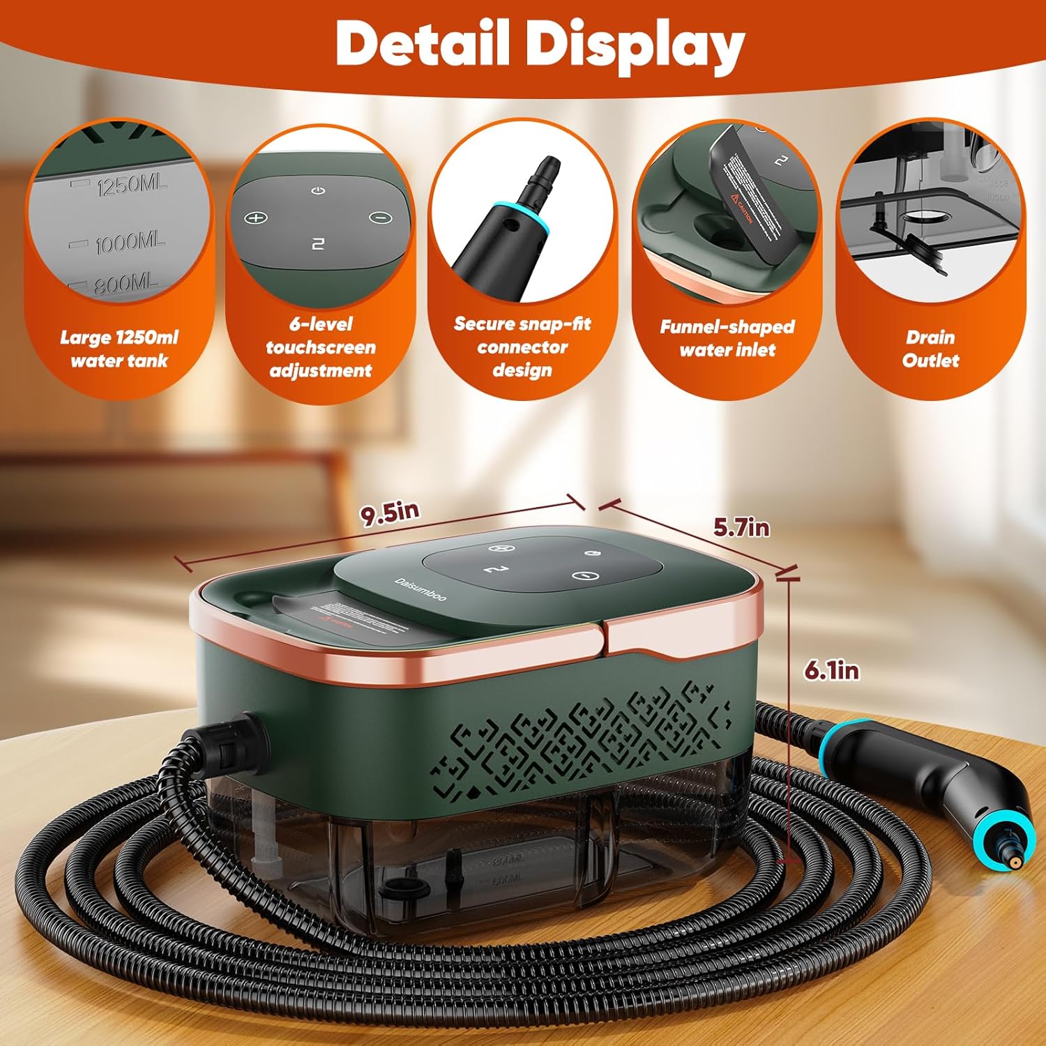 Skiennix Steam Cleaner - 2500W Handheld Grout Cleaner with 1.32QT Tank & 10 Attachments | Green/Gold
