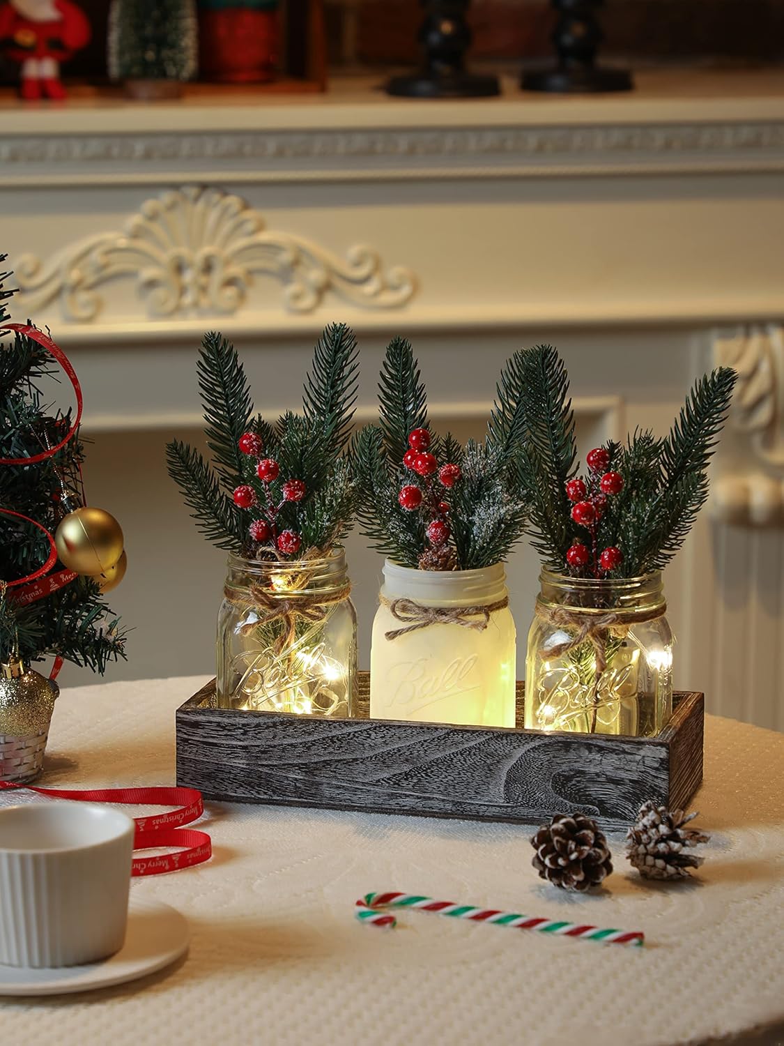 Skiennix Winter Mason Jar Centerpiece - LED Lights & Artificial Plants | Set of 3 for Festive Home Decor