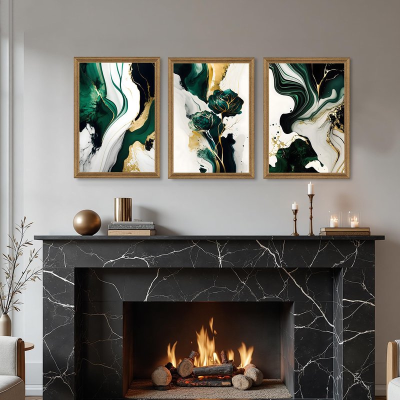 VisionaryBrush Framed Emerald Green Wall Art, Abstract Marbled Canvas Wall Decor, Modern Abstract Green and Gold Poster Print for Living Room Bedroom Office Aesthetic Picture 16x24 Inch 3 Pieces