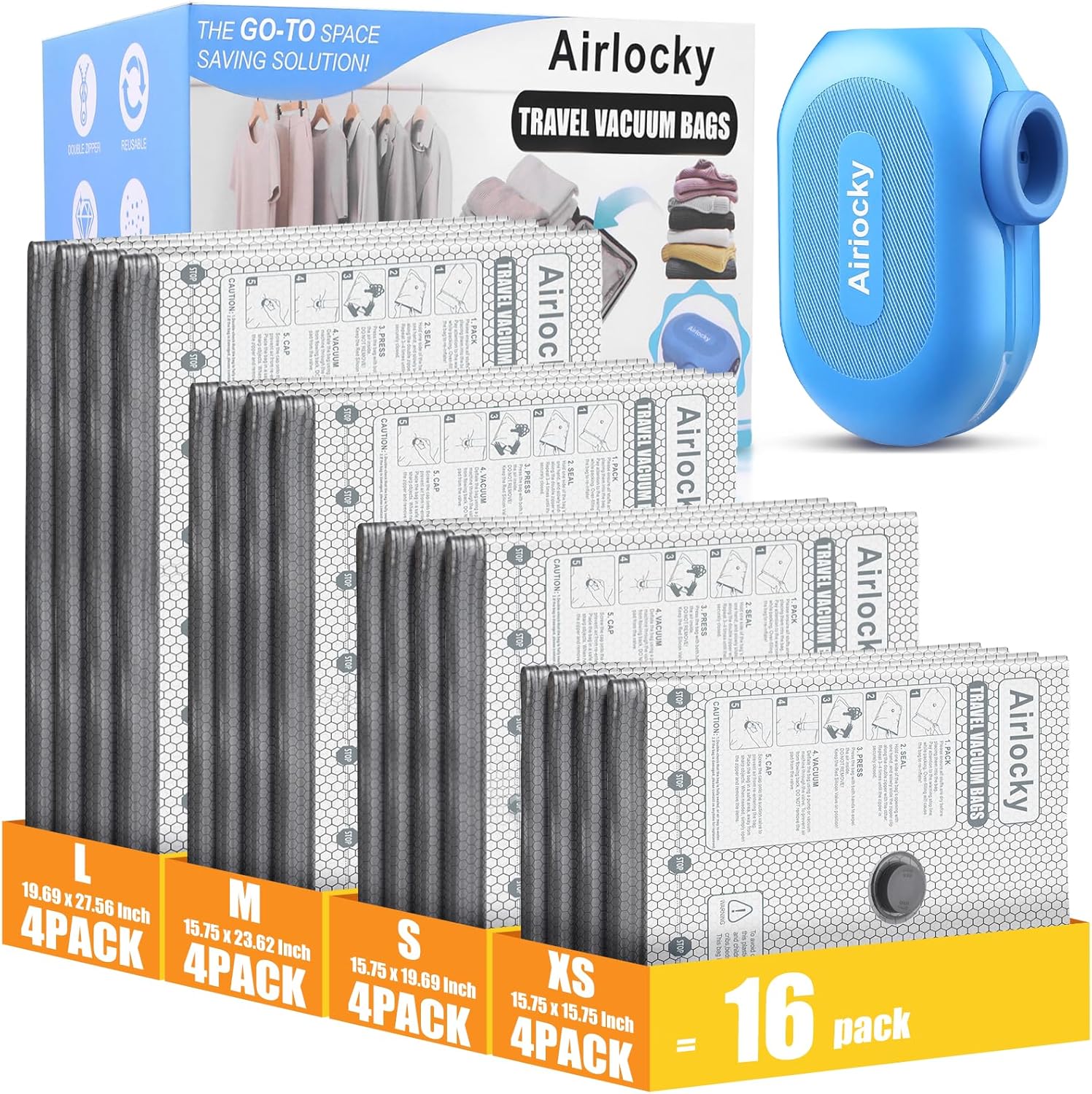 Skiennix Travel Vacuum Storage Bags - 16 Pack Compression Bags with Portable Electric Pump | 80% Space Saver for Luggage