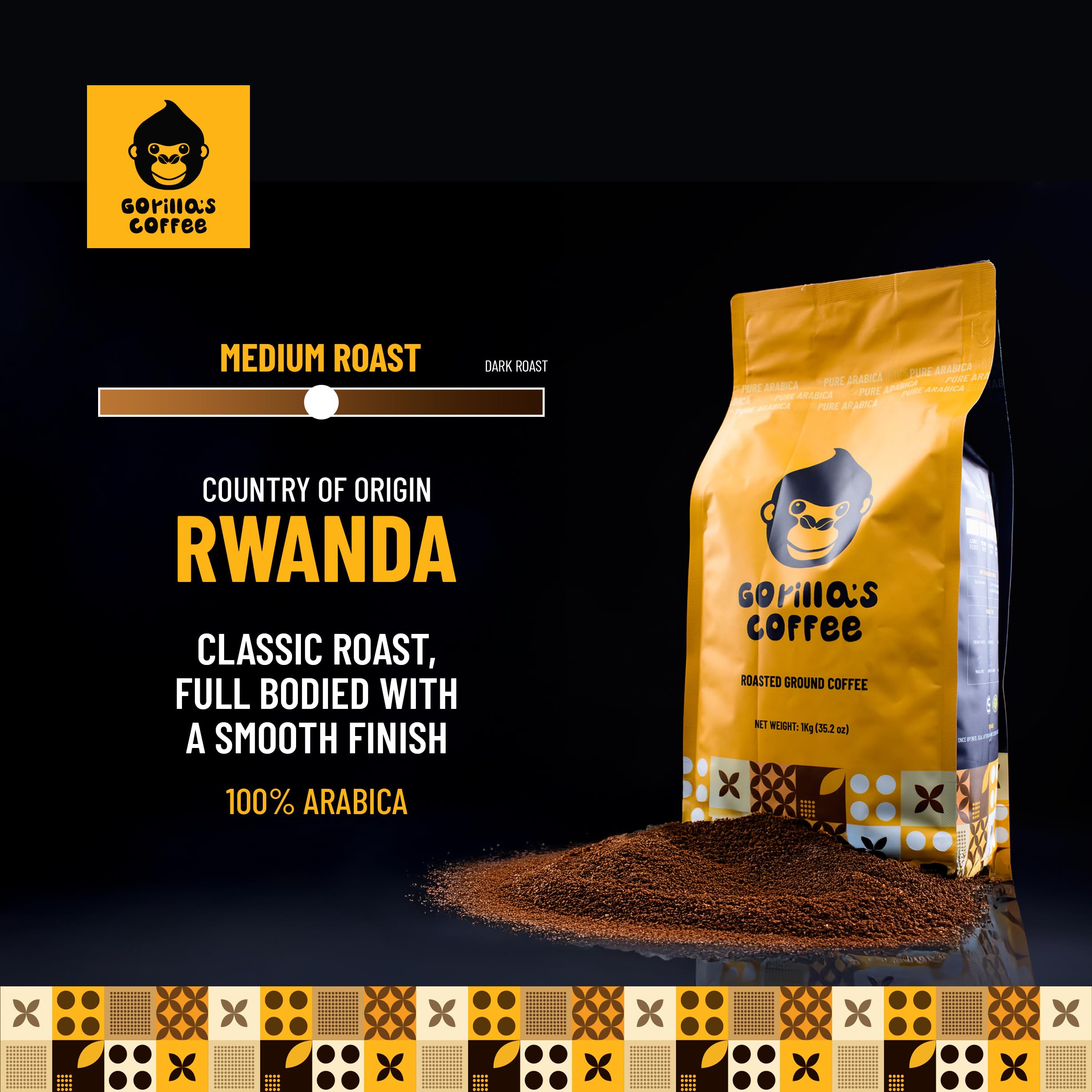 Gorilla's Coffee 100% Arabica - Medium Roast Ground Coffee, Fair Trade, Smooth, Balanced, Aromatic, Spice & Luscious Fruit Notes | Premium Rwandan Coffee | Rich, Flavorful, and Aromatic (500g/17.6oz)