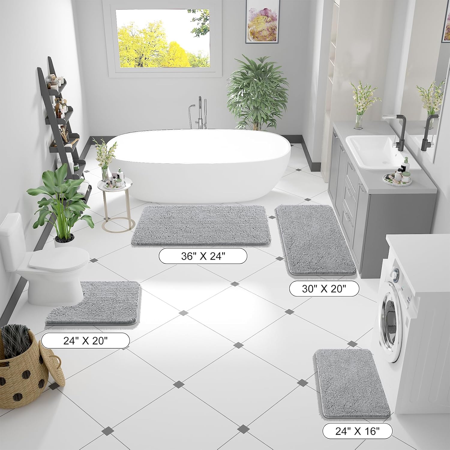 OLANLY Bathroom Runner Rugs - Soft Absorbent Chenille Bath Mats | Quick-Dry Rubber Backing, 47x17, Light Grey