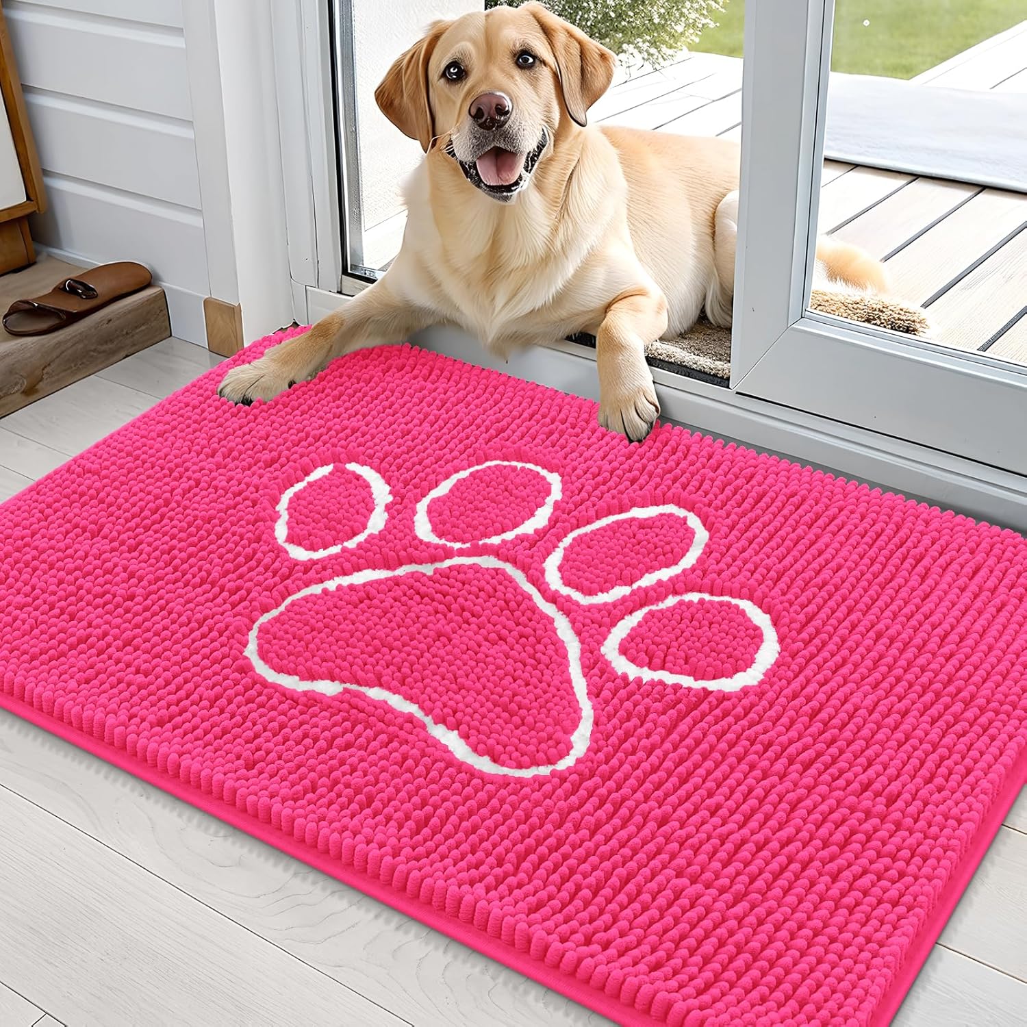 OLANLY Dog Door Mat - Absorbent Non-Slip Mud Mat for Paws | 36x24 Hot Pink Chenille Design