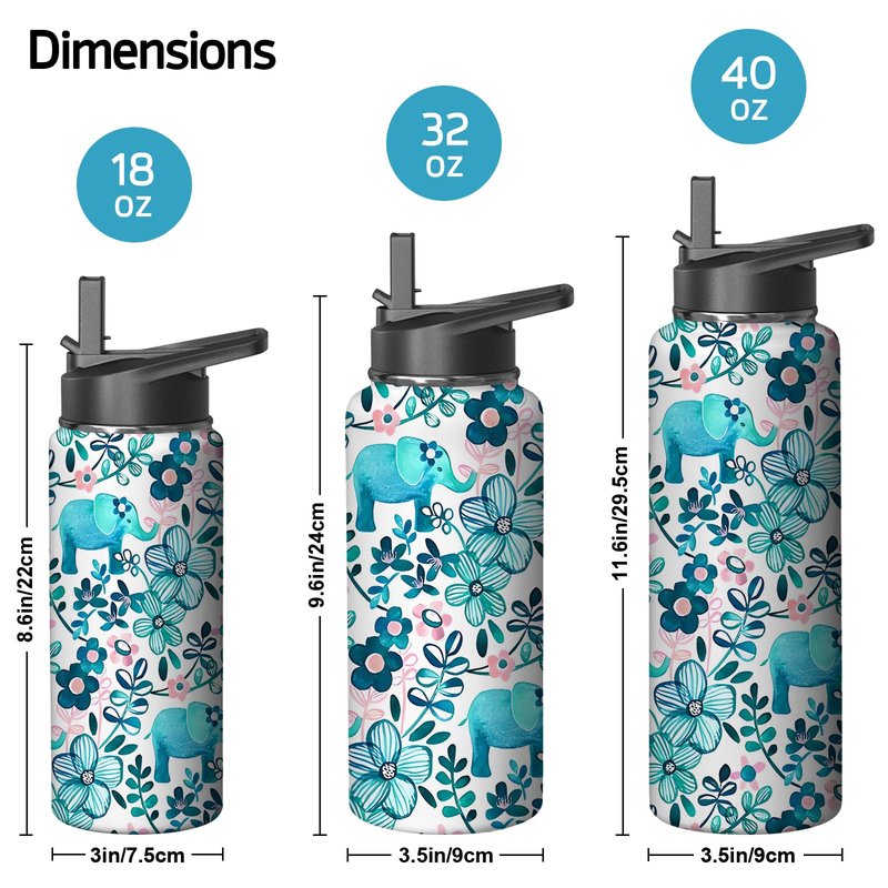 Elephant Water Bottles with Straw, 32 Oz Insulated Stainless Steel Tumbler Cup Mug Elephant Gifts for Women Girls Elephant Lovers