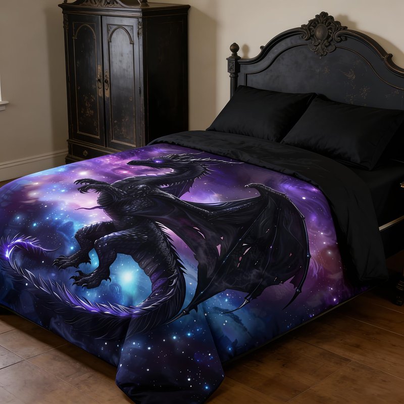 CCoutueChen Kids Dragon Bedding Set for Boys, Purple Blue Outer Space Comforter Set Twin Size, Fairy Tale Style Quilted Bed Set for Children Teens Room Decor/68 * 86