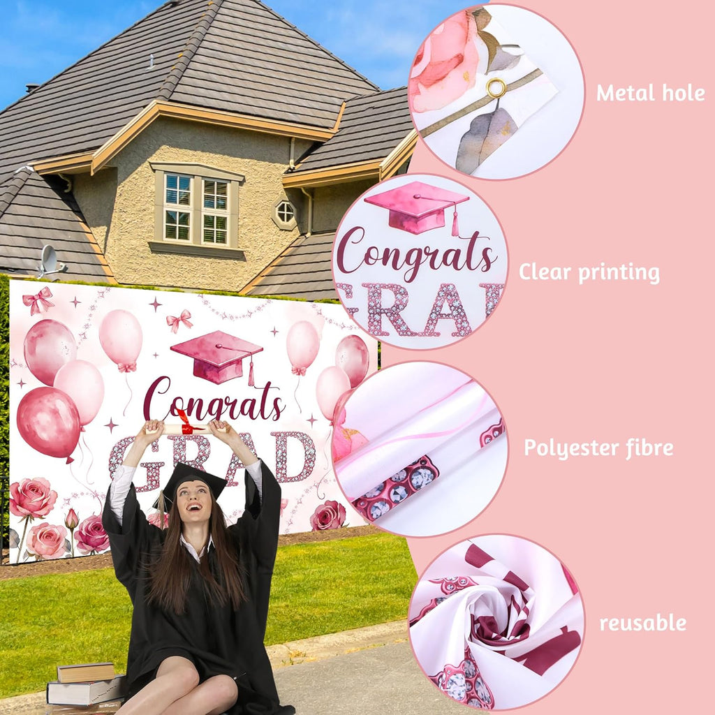 Pink Bow Graduation Decorations - 2026 Grad Banner & Garland | 22PCS Party Supplies