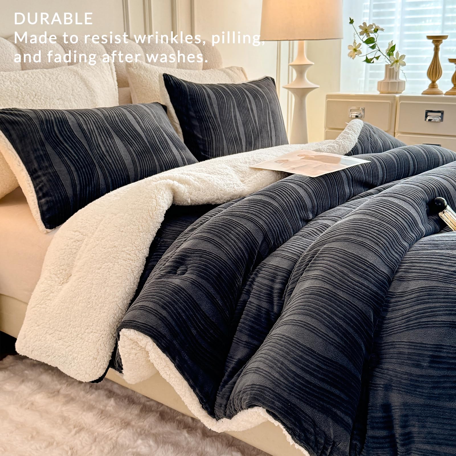 tohrisa 3D Striped Jacquard Sherpa Comforter Set Twin Size, Boho Geometric Pattern Quilt Bedding 2 Pieces Warm Cozy Fuzzy Comforter with 2 Pillowcases(68"X90" Dark Grey)