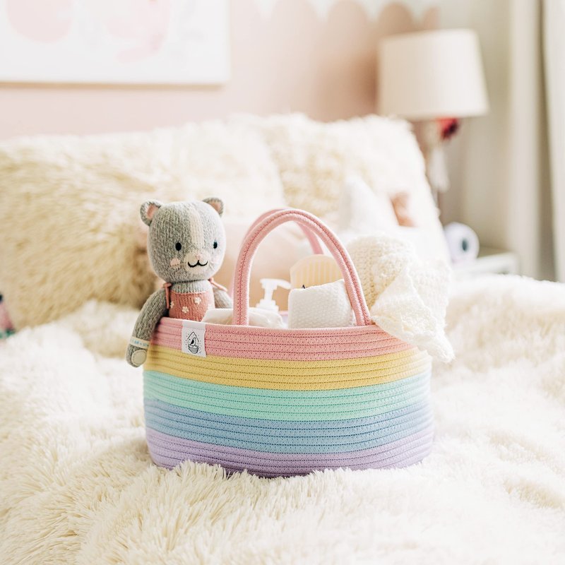 OrganiHaus Pastel Rainbow Nursery Storage Basket, Cotton Rope Toy & Diaper Caddy Organizer with Handles, Baby Diaper Organizer, Foldable Design, Machine Washable, Ideal for Baby Room & Laundry