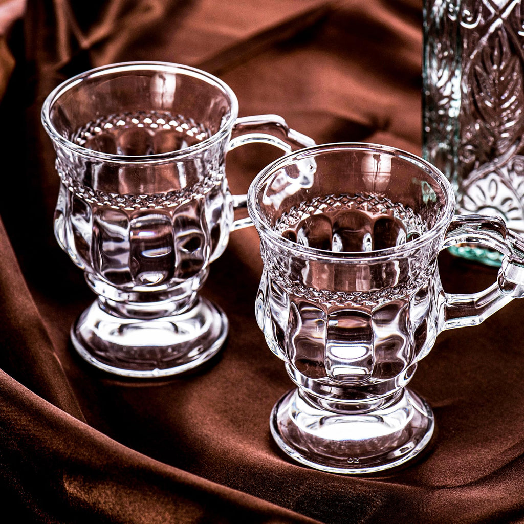 binsakao Turkish Tea Glasses Set of 6 - Small Moroccan Tea Glasses with Handle - 5 oz Espresso Cups - Footed Glass Coffee Mugs for Cold Beverages