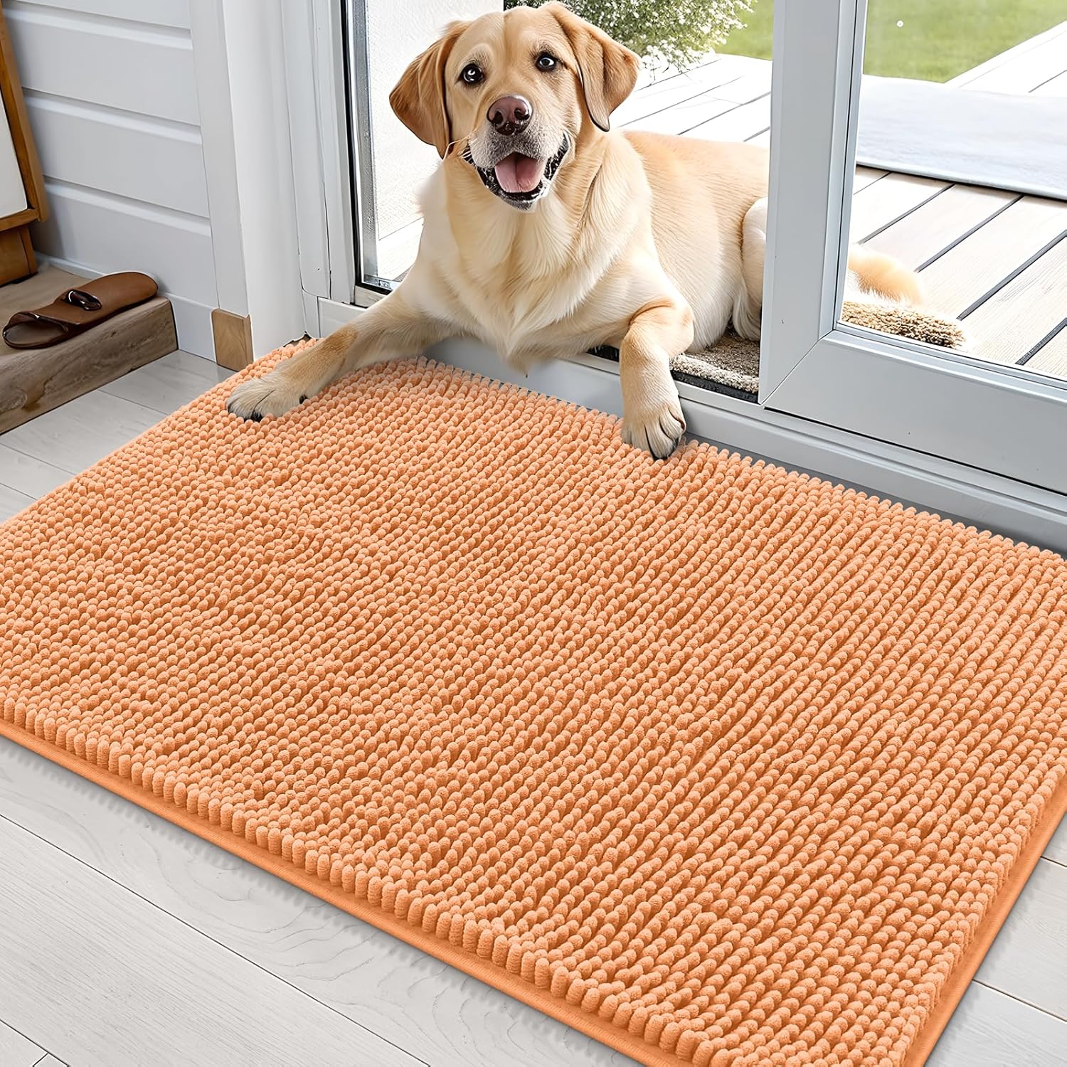 OLANLY Dog Door Mat - Absorbent Non-Slip Washable Chenille Mat for Muddy Paws | 36x24, Orange