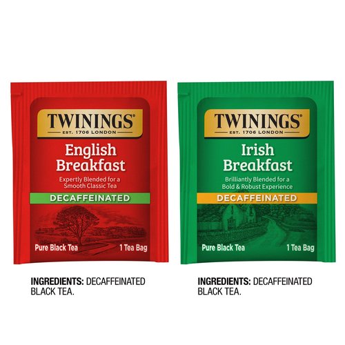 Twinings Decaffeinated English Breakfast Black Tea Bags, 20 Count (Pack of 6) + Decaffeinated Irish Breakfast Black Tea Bags, 20 Count (Pack of 6)