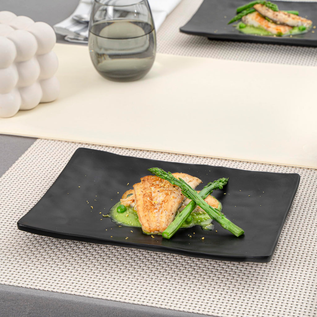 Restaurantware Voga 9.8 x 6.8 Inch Rectangle Serving Plates 4 Medium Sushi Platters - Faux Slate Dishwashable Black Melamine Japanese Style Plates For Appetizers Entrees Or Desserts