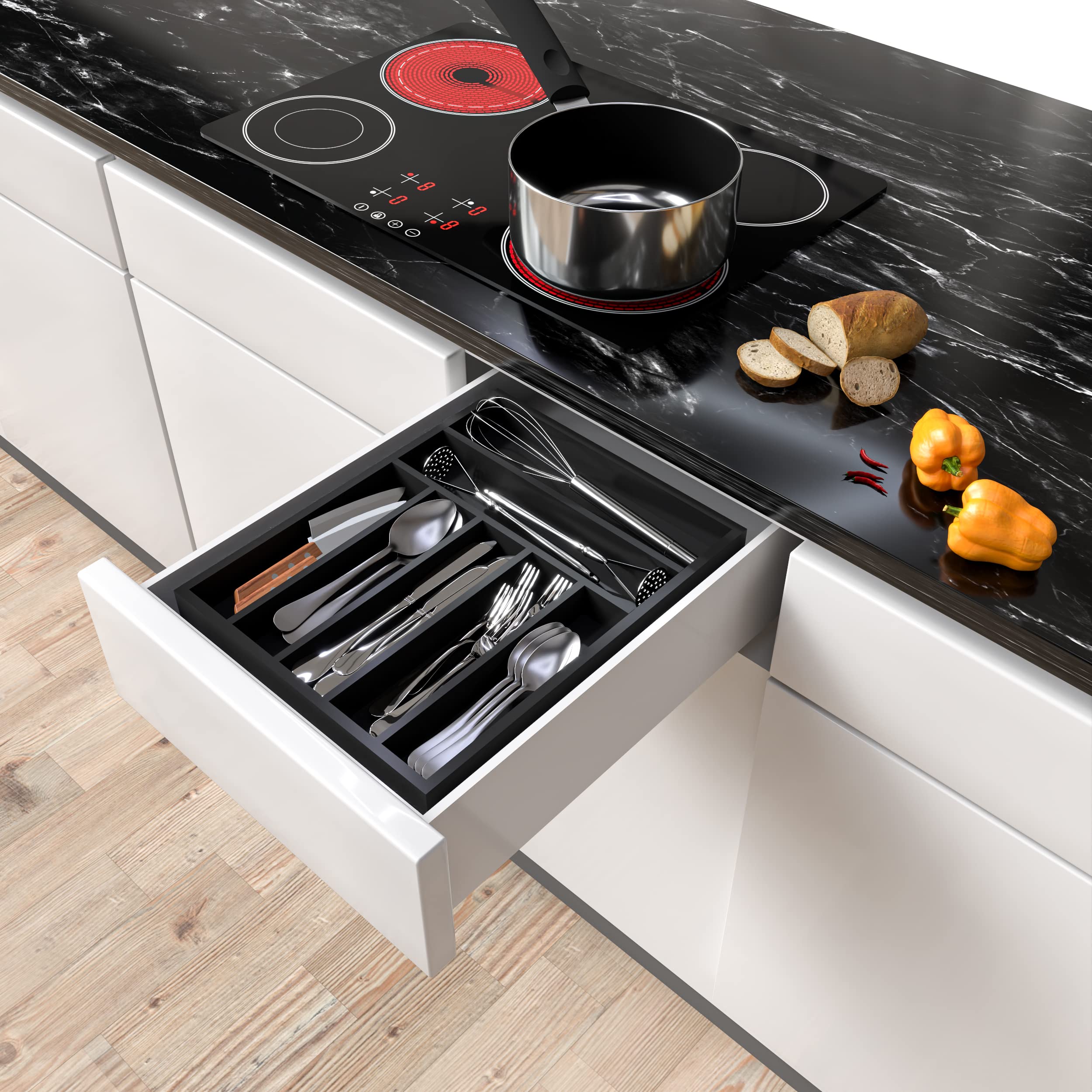 Utopia Kitchen Silverware Organizer, Bamboo Utensil Drawer Organizer for Cutlery, Utensils & Flatware (7 Compartment, Black) Pack of 1