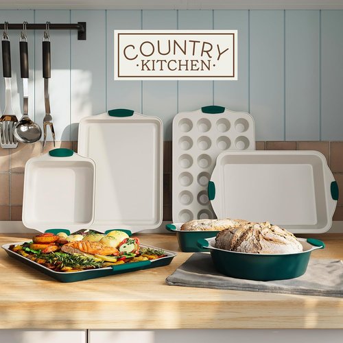 Country Kitchen Nonstick Bakeware Set - Heavy Duty & Durable 10-Piece Baking Set in Sage