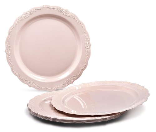 " OCCASIONS " 150 Piece set (25 Guests)-Vintage Wedding Plastic Plates & cutlery -Disposable Dinnerware 10'', 7.5'' + Silverware w/double fork (Verona in Blush/Antique Rose
