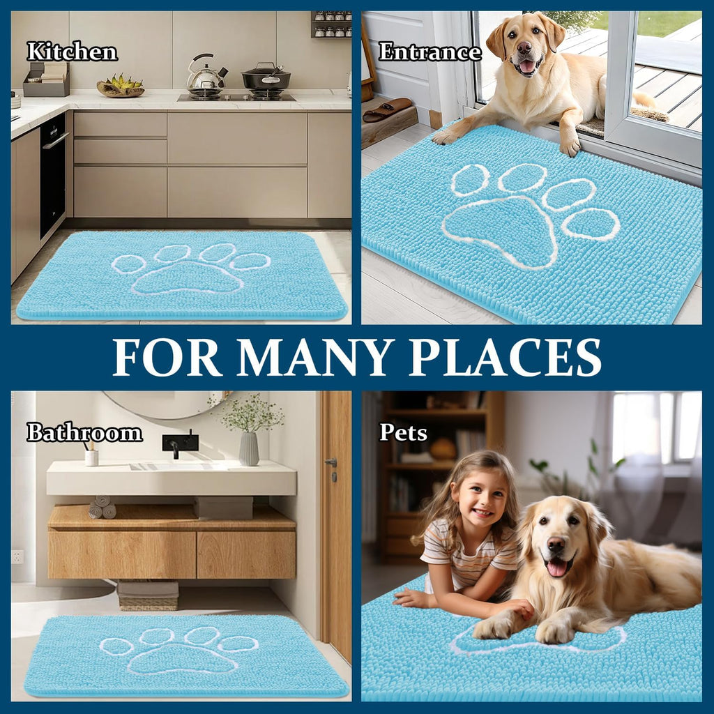 OLANLY Dog Door Mat - Absorbent Non-Slip Mud Mat for Muddy Paws | 59x35 Paw Print Design in Blue