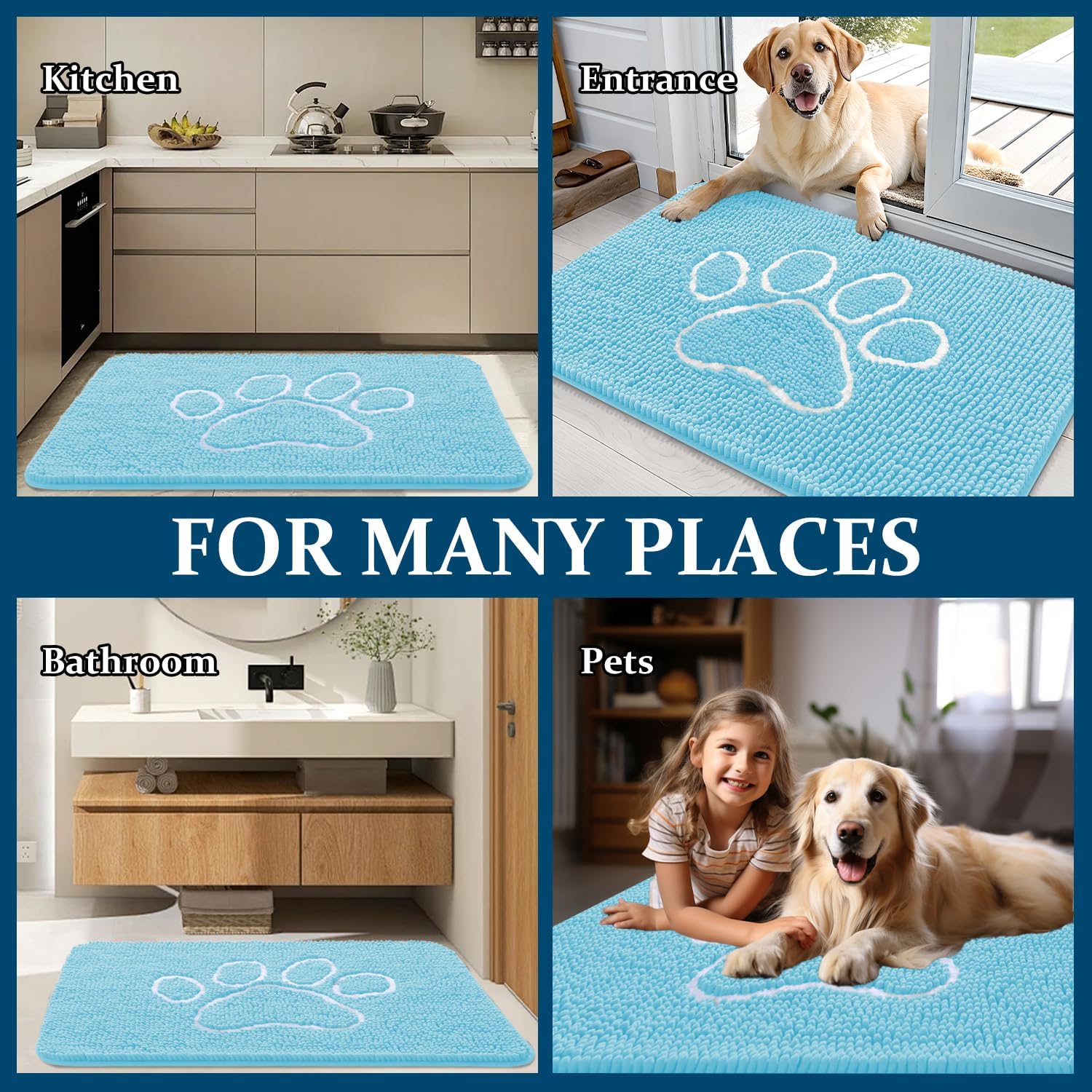 OLANLY Dog Door Mat - Absorbent Non-Slip Mud Mat for Muddy Paws | 59x35 Paw Print Design in Blue
