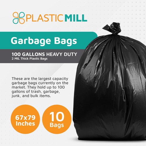 PlasticMill Heavy Duty Trash Bags - Black Garbage Bags - Plastic Trash Bags for Large Rolling Trash Bins - Tall Trash Bags - 100-Gallon Large Kitchen Trash Bags, 2 Mil, 67"x79" (10-Count)
