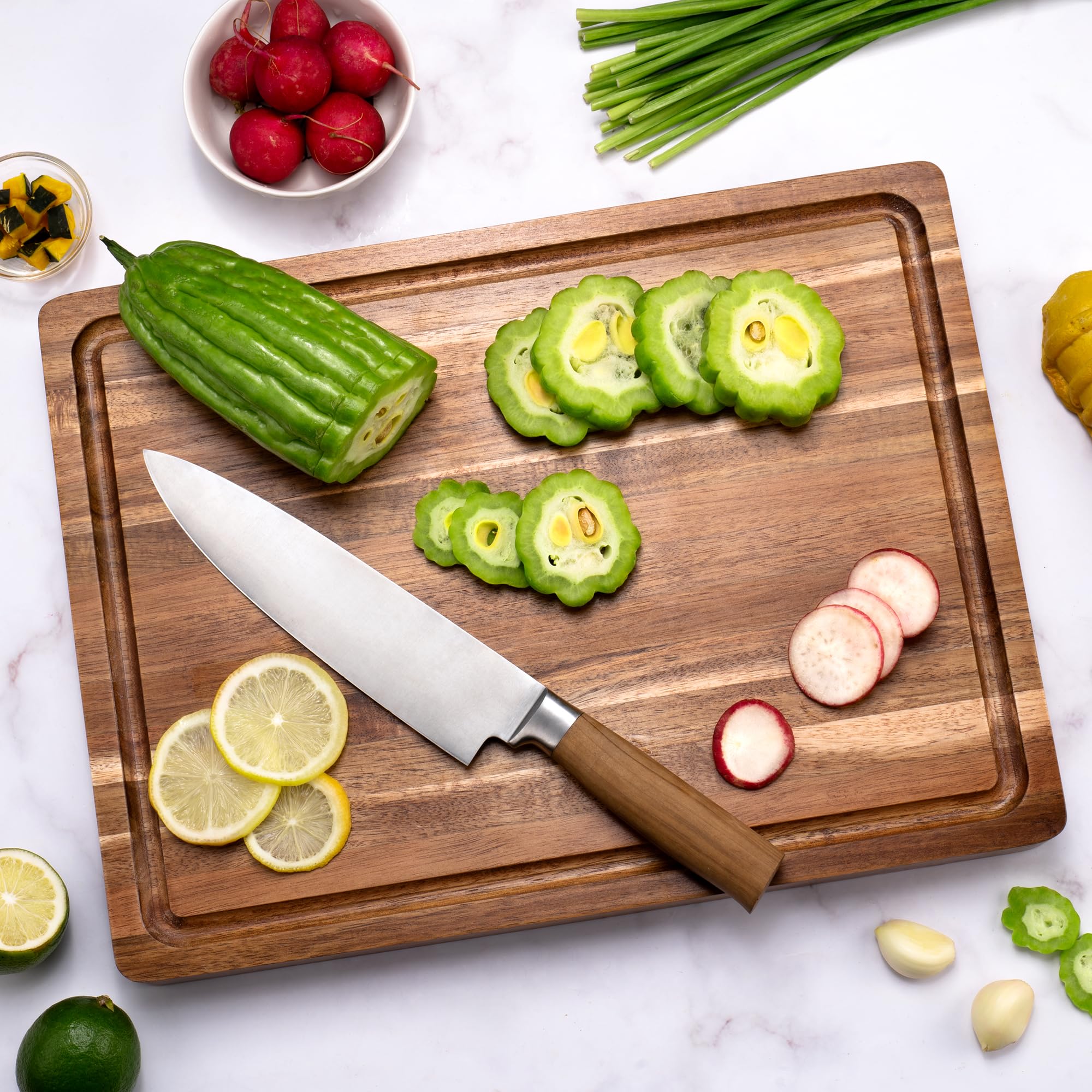 Acacia Wood Cutting Board for Kitchen, 1.5” Thick Chopping Board with Juice Groove, Sorting Compartment Charcuterie Board, 16x12x1.5 Inch Butcher Block