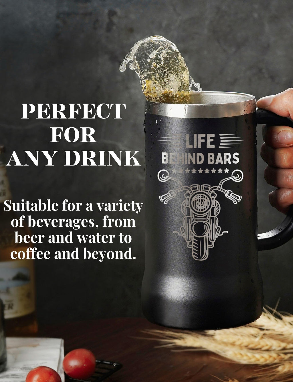 Onebttl Motorcycle Gifts for Men, Life Behind Bars, Stainless Steel Beer Stein Tumbler, 24oz Beer Mug with Lid