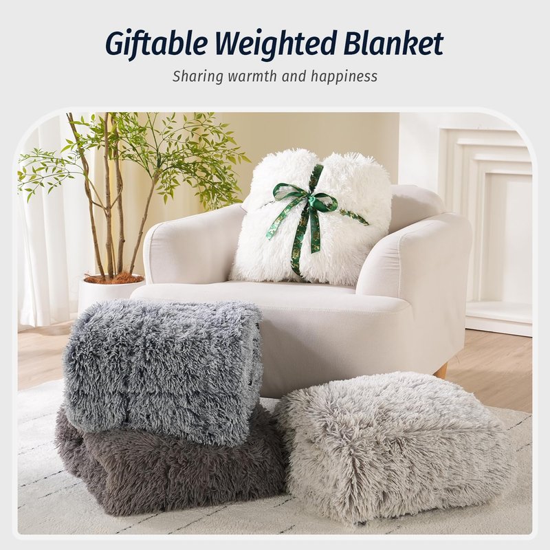 Wemore Shaggy Long Fur Faux Fur Weighted Blanket, Cozy and Fluffy Plush Sherpa Long Hair Blanket for Adult 10lbs, Fluffy Fuzzy Sherpa Reverse Heavy Blanket for Bed, Couch, Cream White, 48 x 72 Inches