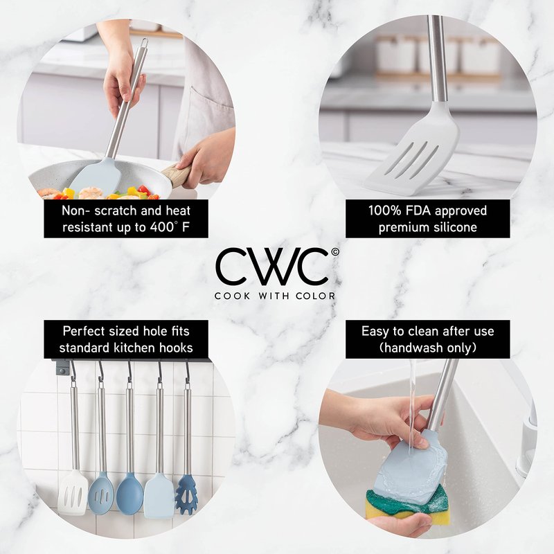 COOK WITH COLOR Silicone Cooking Utensils, Kitchen Utensil Set, Easy to Clean Silicone Kitchen Utensils, Cooking Utensils for Nonstick Cookware, Kitchen Gadgets Set, 5 Pieces, Blue and White