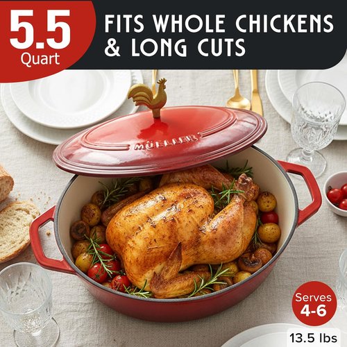 MUELLER HOME Enameled Cast Iron Dutch Oven - 5.5 Quart with Rooster Knob & Cotton Potholders, Red