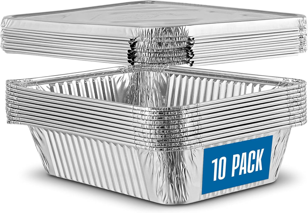 PlasticPro Aluminum Pans - 10 Pack Heavy Duty 6.5'' x 9'' Disposable Foil Pans with Covers for Baking