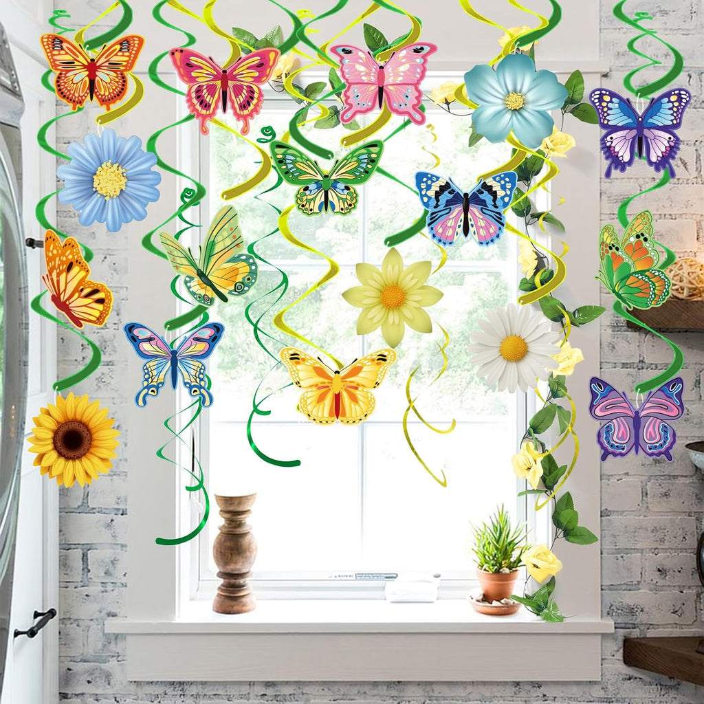 Skiennix 33-Piece Spring Hanging Decorations - Flower & Butterfly Swirl Streamers for Easter & Birthday Parties