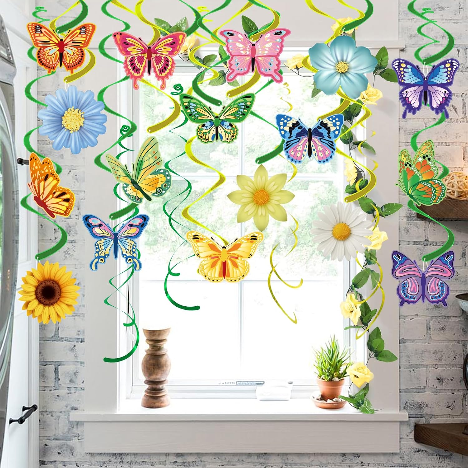Skiennix 33-Piece Spring Hanging Decorations - Flower & Butterfly Swirl Streamers for Easter & Birthday Parties