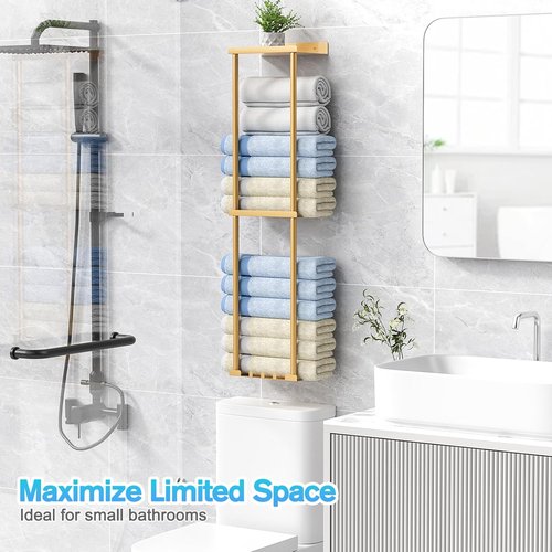 Liuoud Towel Rack - Wall Mounted Vertical Towel Storage Organizer with Shelf | Holds 6 Large Bath Sheets, Gold