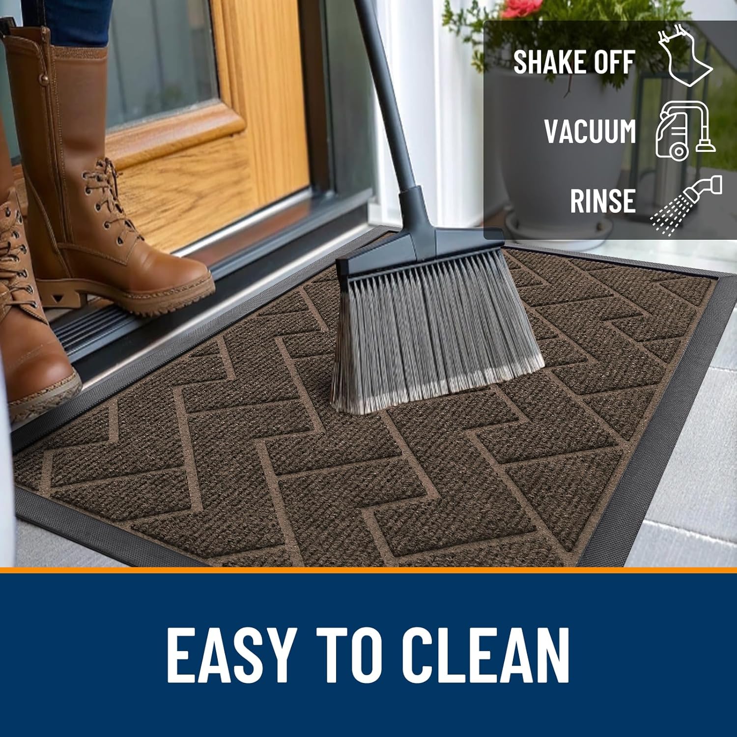 OLANLY Waterproof All-Season Front Door Mat - Sturdy Natural Rubber, Low Profile, Herringbone Brick (Brown, 71x47)