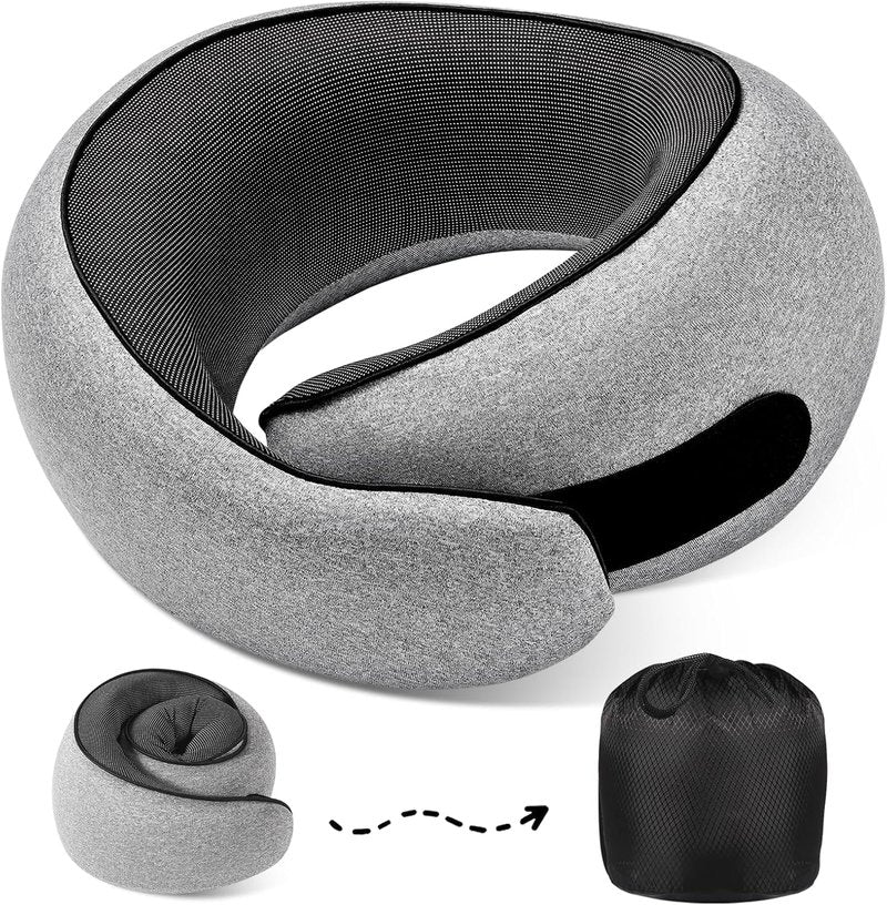 4litamz Travel Neck Pillows, 100% Memory Foam Filling, Travel Pillows for Airplanes, Compact and Ergonomic Design, Best for Sleeping Plane Train Travel Essentials (Light Grey)