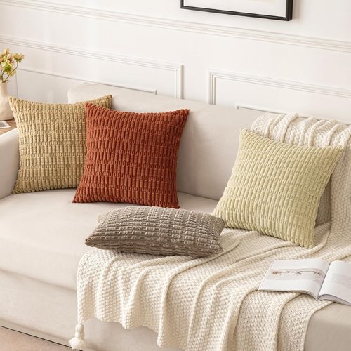 MIULEE Decorative Pillow Covers - Pack of 2 Dark Rust Corduroy | 18x18 Inch Soft Boho Striped Design for Modern Farmhouse Decor
