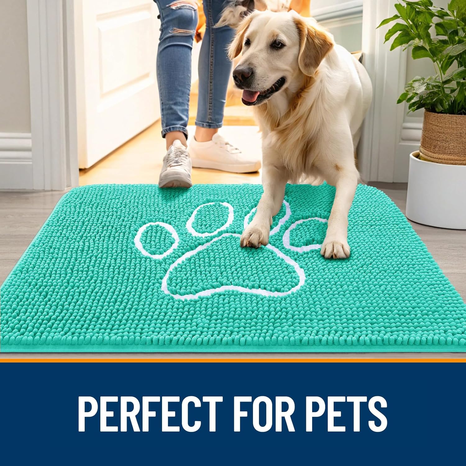 OLANLY Dog Door Mat - Absorbent Non-Slip Mud Mat for Paws | 59x35 Teal Chenille Design