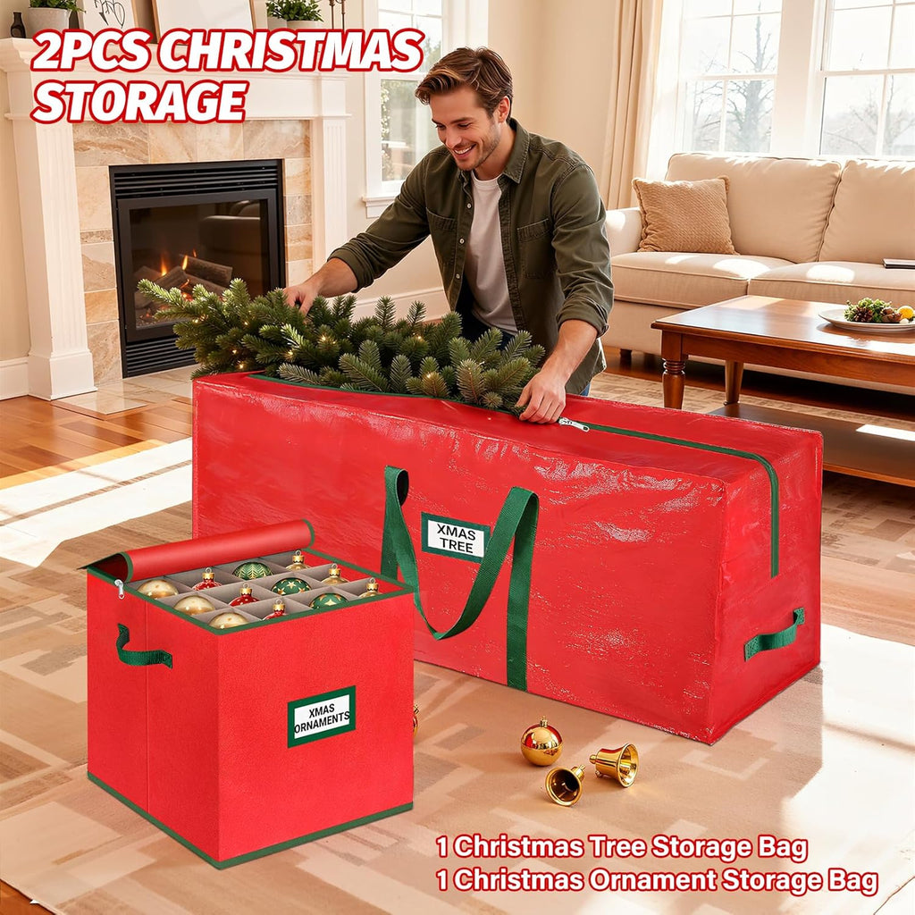 StorageRight Christmas Tree Bag & Ornament Storage Box Set - Water-Resistant 7.5 Ft Tree Storage & 64-Compartment Organizer, Heavy-Duty Red Decor Containers
