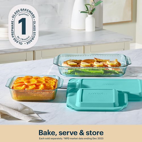 Pyrex Colors Tinted (2-Pack, Full Set) Tinted Glass Baking Dish with BPA-Free Lid, Oblong Bakeware Glass Pan For Casserole & Lasagna, Dishwasher, Freezer, Microwave and Pre-Heated Oven Safe, Aqua