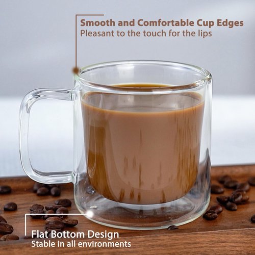 Aquach 2-Pack Double Walled Insulated 8oz Glass Coffee Mugs with Handle - Ideal for Espresso, Latte, Americano, and Cappuccino