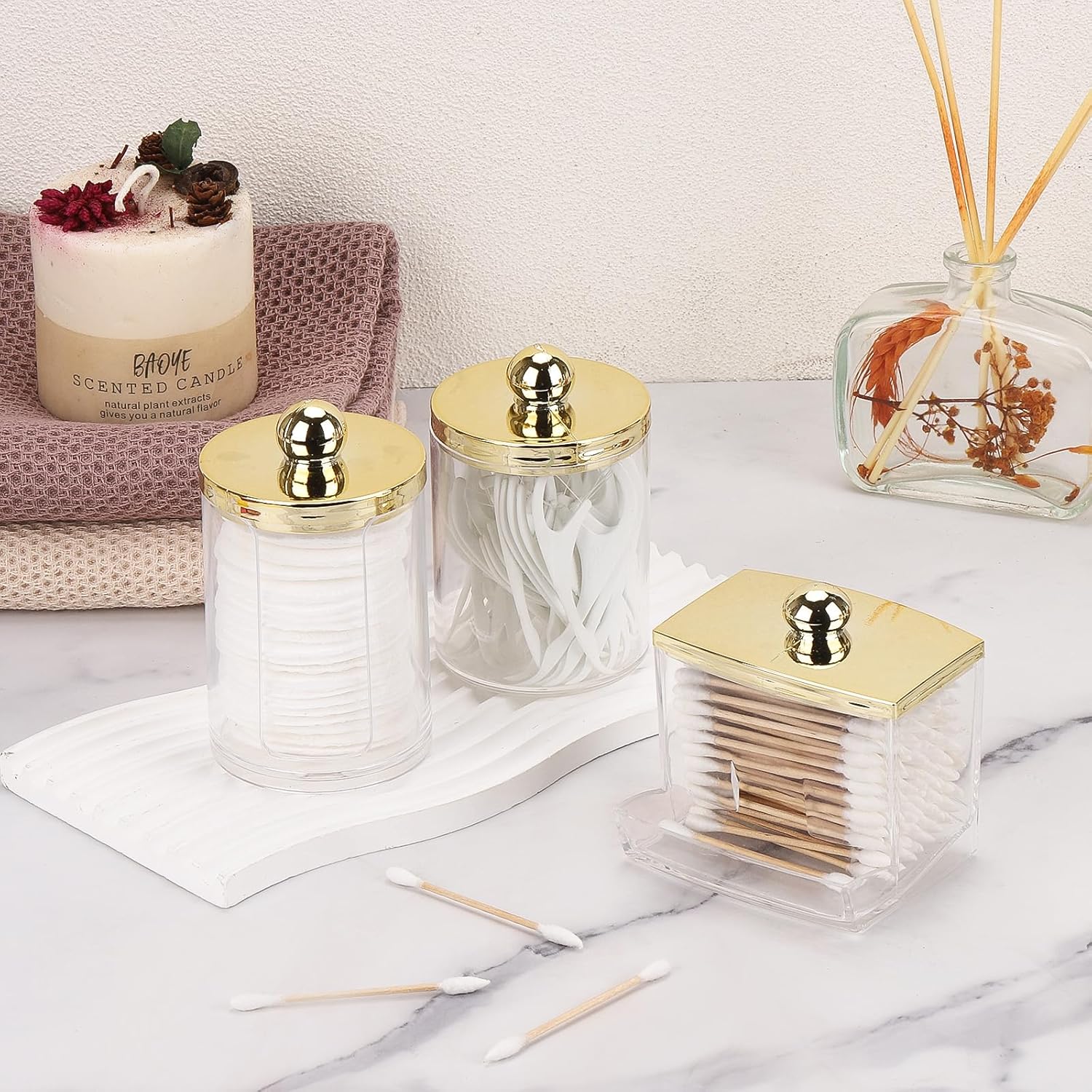 Tbestmax Q-Tips Dispenser | 3-Pack Bathroom Organizers - Plastic Apothecary Jars with Gold Lids