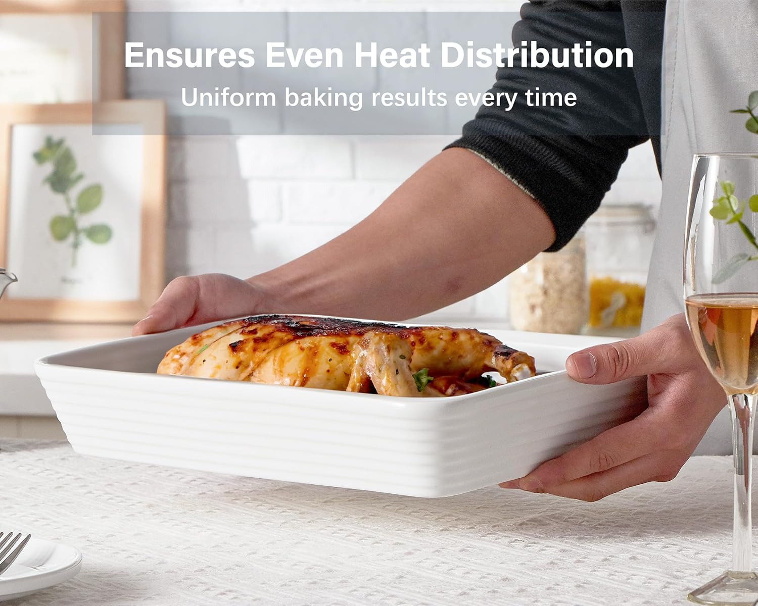 ONEMORE Ceramic Baking Dish - 9x13 Large Rectangular Casserole Pan for Family Meals | Ribbed White Bakeware