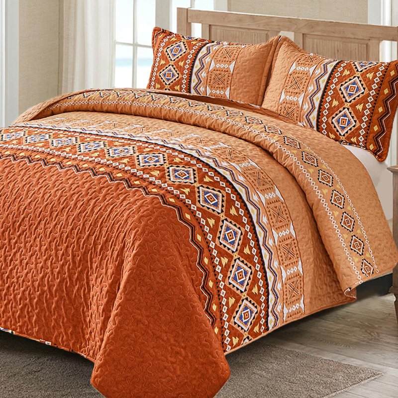 WONGS BEDDING 3 Pieces Quilt Set Queen Size, Burnt Orange/Rust Thanksgiving Quilt Bedspread Bohemian Coverlet Set with 2 Pillowcase, Fall Soft Thanksgiving Bedding Set for All Season 96"×90"