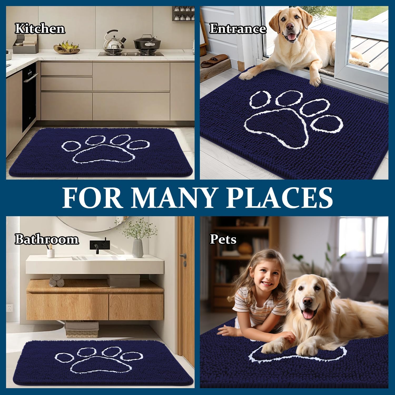 OLANLY Dog Door Mat - Absorbent Non-Slip Mud Mat for Muddy Paws | 59x35 Navy Blue Chenille Design