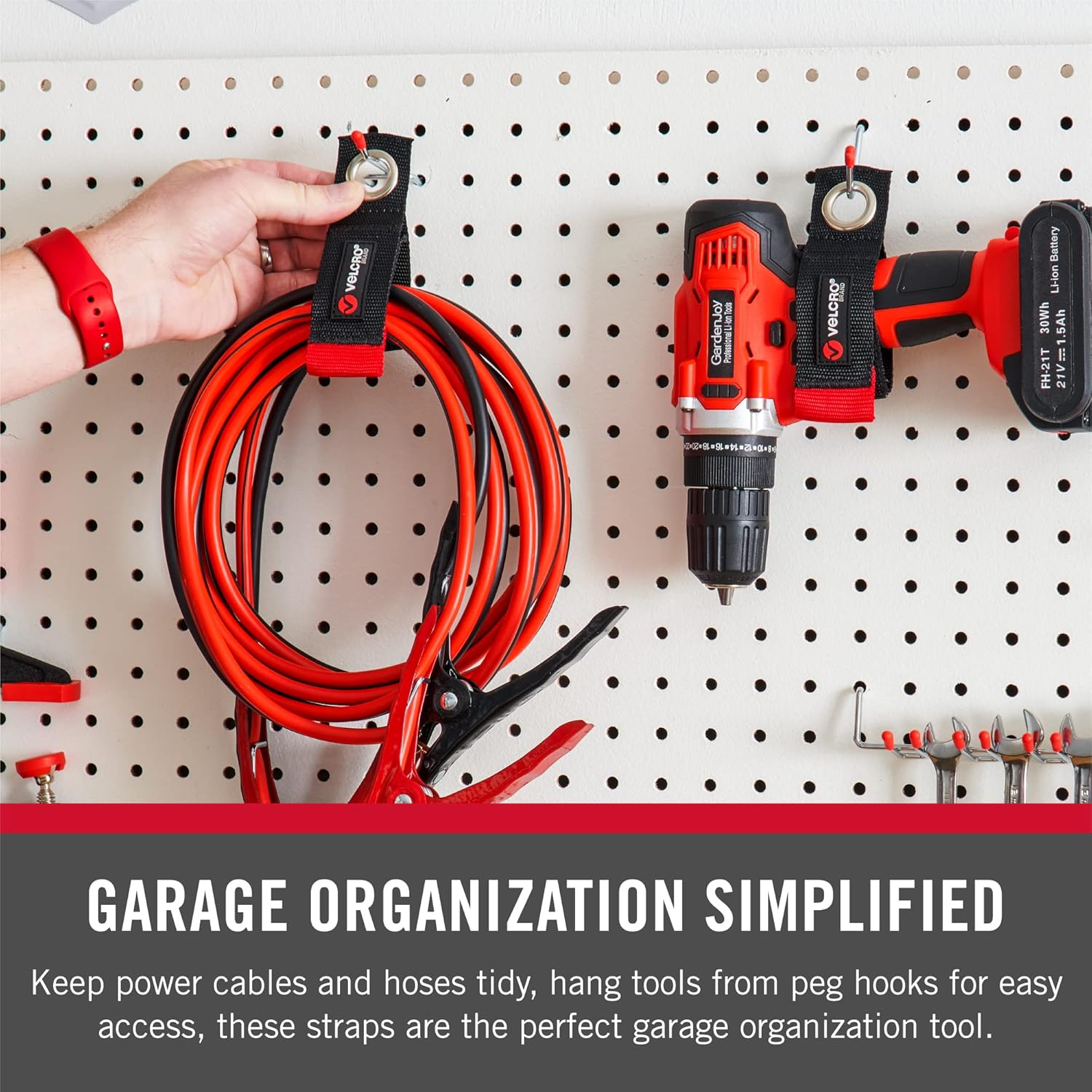 VELCRO Brand Easy Hang Extension Cord Organizer - Declutter Your Space, Heavy Duty 75 lb Hold - 2 Pack, Medium 14 in, Black Straps for 25–50 ft Cords