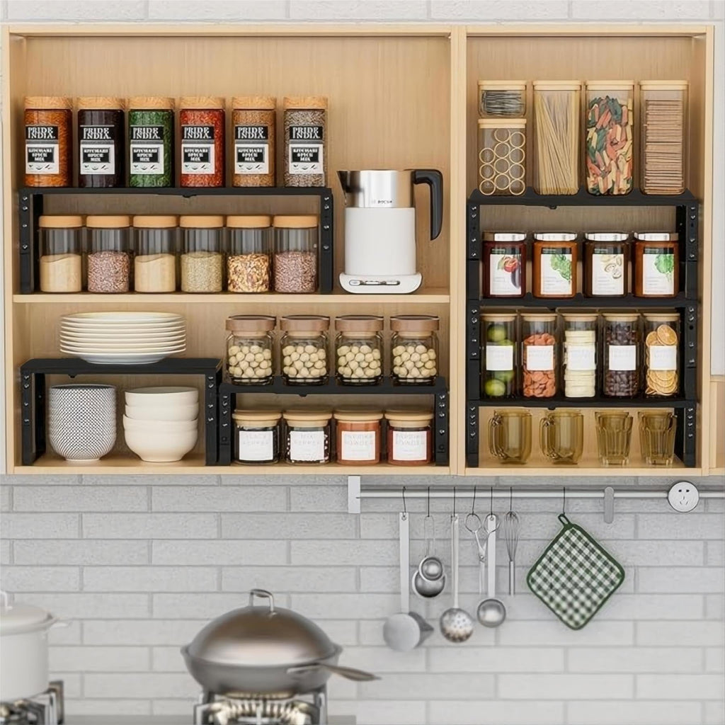 Wobmmi Expandable Spice Rack Organizion for Kitchen Cabinet, Seasoning,Bathroom Organizer Display Shelf, Stackable Multi-Purpose Shelves.Easy-to-Install（2Packs/Black,Large