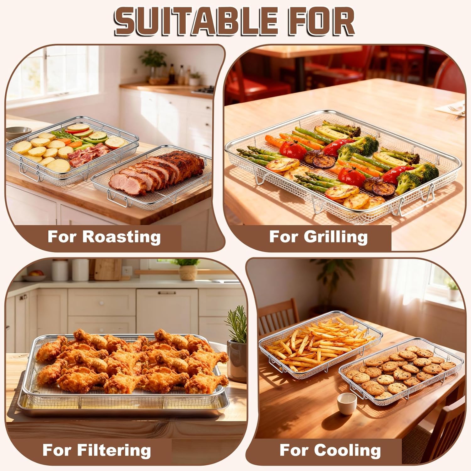 P&P CHEF Air Fryer Basket Set - 15.4 Inch Stainless Steel Racks for Cooking & Baking | Non-Toxic & Dishwasher Safe