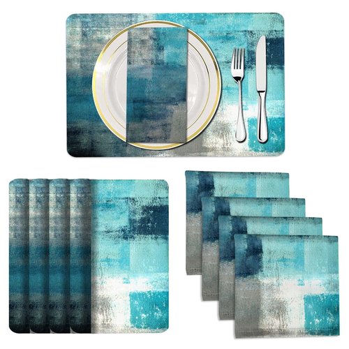 MCALK 4 Each Turquoise Placemats and Cloth Napkins Set of 8, Modern Abstract Art Painted Placemat for Home Kitchen Decor (Placemats 18 "x12 Cloth Napkins 18 "x18)