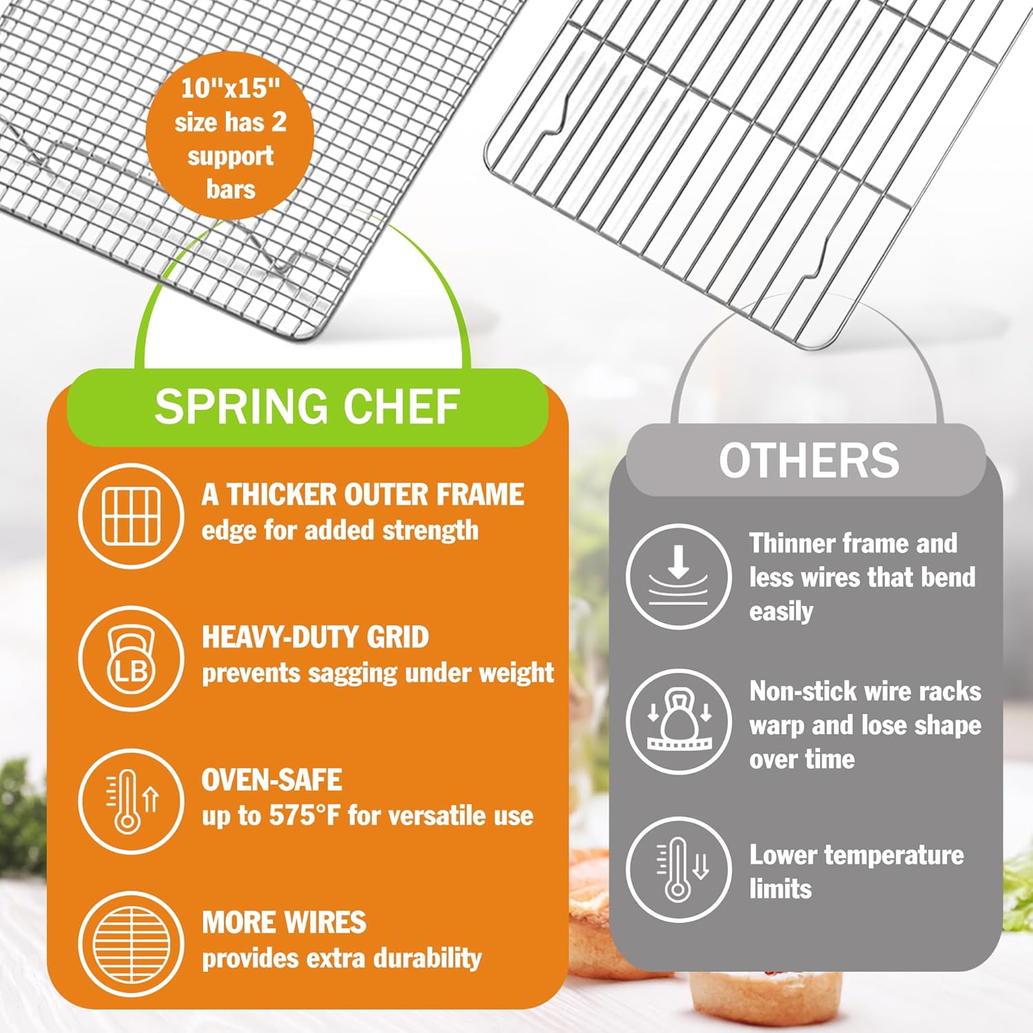 Spring Chef Stainless Steel Cooling Rack - Heavy Duty 10 x 15 Inch Baking Rack | Oven Safe & Dishwasher Safe