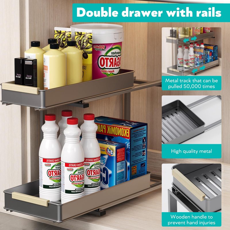 AndUp Under Sink Organizer, 2 Tiers Pull Out Bathroom Organizers and Storage, Slide Out Cabinet Organizer Shelf for Kitchen Bathroom, Multi-Purpose Collection Organizer Drawer Shelf (Gray, 2pcs)