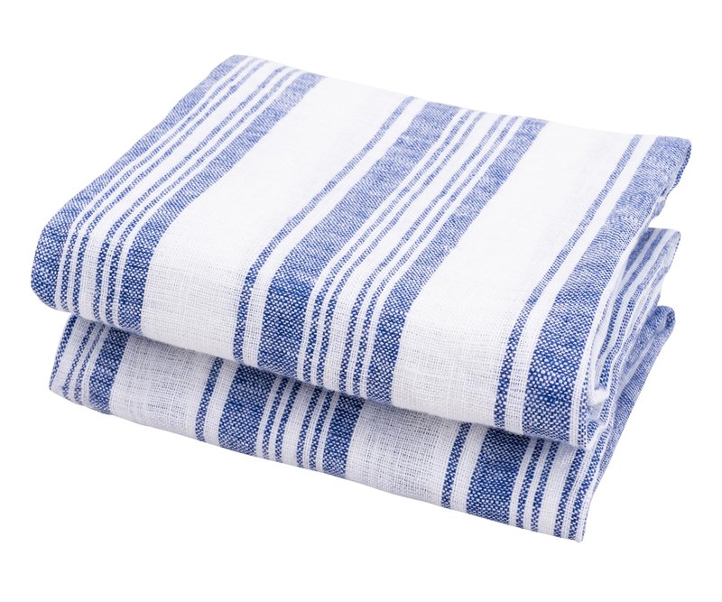 Linen Kitchen Towels, 100% Pure Linen Hand Towel (18 x 28 inches), French Striped Dish Towels for Kitchen, Farmhouse-Style Tea Towel for Washing Dishes, Striped Blue Towel Set of 2